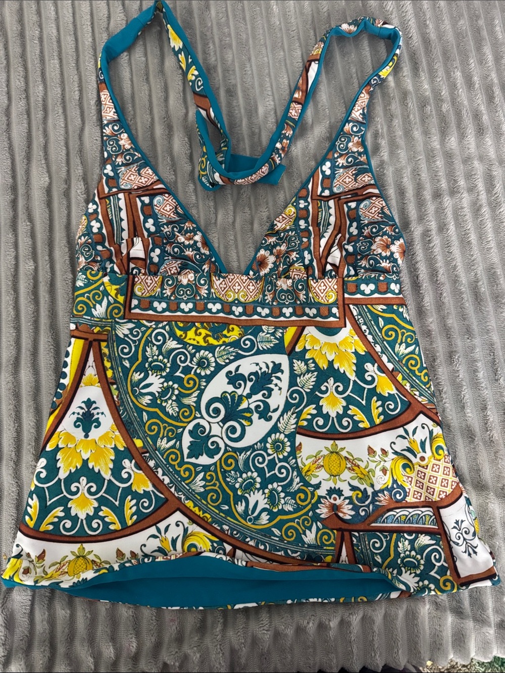 Printed V-Neck Camisole in Teal and Yellow swim